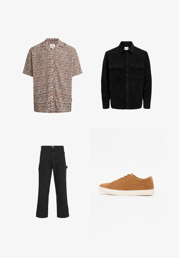 Giacca in corduroy nera con bottoni, due tasche anteriori con patta, colletto classico, maniche lunghe e texture a coste.; Redefined Rebel REMY SHIRT - Camicia - brown; Pantaloni cargo neri in tessuto misto cotone. Presentano gambe ampie, tasche anteriori oblique e una tasca laterale con un anello per accessori.; Sneaker in suede marrone con design low-top, suola in gomma bianca e punta rotonda. Presenta lacci abbinati e una grafica minimal sul tallone.