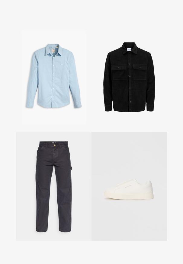 Giacca in corduroy nera con bottoni, due tasche anteriori con patta, colletto classico, maniche lunghe e texture a coste.; Camicia azzurra a maniche lunghe con bottoni, realizzata in cotone, presenta un colletto classico, bottoni bianchi e un piccolo logo sul lato sinistro del petto.; Pantaloni cargo grigio scuro realizzati in tessuto resistente, con un taglio dritto, cinque tasche e chiusura a bottoni in vita.; Sneakers bianchi slip-on con superficie texturizzata, suola spessa e design minimalista. Presentano il logo del marchio sul lato.