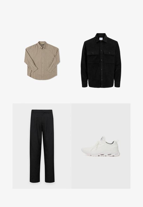 Svart kordfløyels knappjakke med to frontlommer med klaff og klassisk krage, lange ermer og ribbet tekstur.; Beige langermet skjorte med vertikale striper, enkel brystlomme, nedbrettbar krage, og avrundet kant. Glatt stofftekstur.; Sorte bukser laget av glatt stoff, med rette ben, to frontfoldninger og standard liv med beltehemper.; Hvite atletiske sko med et teksturert strikket overdel, flate snører og en polstret såle med synlige luftkamre for ekstra støtte.