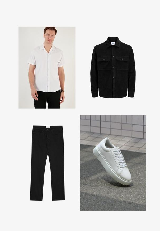 Giacca in corduroy nera con bottoni, due tasche anteriori con patta, colletto classico, maniche lunghe e texture a coste.; Camicia bianca a maniche corte con una texture a coste, colletto a punta e chiusura con bottoni. Abbinata a pantaloni neri, che evidenziano un design casual.; Jeans neri a gamba dritta con design a cinque tasche, chiusura con bottone e zip, e etichetta del marchio Pier One sulla cintura.; Sneaker bianco in pelle con superficie liscia, punta rotonda e lacci piatti bianchi. Presenta una suola in gomma texturizzata e un design minimale.