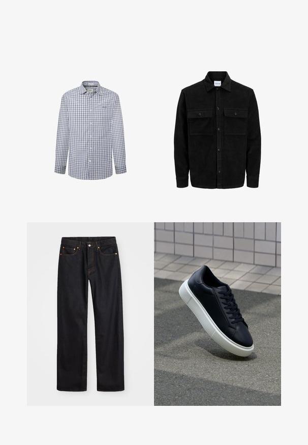 Juodas velveto mygtukų švarkas su dviem priekiniais kišenėmis su atvartais, klasikiniu apykakle, ilgomis rankovėmis ir raukšlėtu paviršiumi.; Mėlynai ir baltai languota marškininė su ilgomis rankovėmis, standartinė apykaklė, atrodo, kad audinys yra lengvas ir pralaidus orui.; Vyrų tiesaus kirpimo juodi džinsai iš denim medžiagos, su penkiomis kišenėmis ir oranžinėmis siūlėmis, su mygtuko ir užtrauktuko uždarymu ant priekio.; Juodas odinis sportbačius su apvaliu pirštu ir baltu gumuotu padu. Turi plokščias raišteles ir minimalų siuvimą viršuje. Padangos tekstūra užtikrina sukibimą.