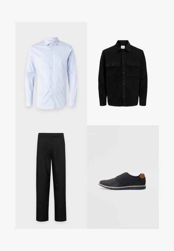 Giacca in corduroy nera con bottoni, due tasche anteriori con patta, colletto classico, maniche lunghe e texture a coste.; Camicia azzurro chiaro a maniche lunghe con bottoni, realizzata in cotone, con colletto classico, bottoni frontali e un logo discreto sul petto.; Pantaloni neri realizzati in tessuto liscio, caratterizzati da un taglio dritto, due pieghe frontali e una vita standard con passanti per la cintura.; Scarpe sintetiche nere con tomaia testurizzata, dettagli lisci, tacco marrone e suola a contrasto. Presentano una lacerazione minimale e dettagli di cucitura.