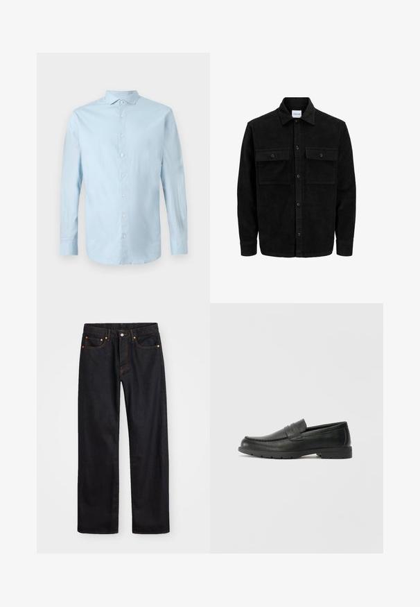 Juodas velveto mygtukų švarkas su dviem priekiniais kišenėmis su atvartais, klasikiniu apykakle, ilgomis rankovėmis ir raukšlėtu paviršiumi.; Šviesiai mėlynas ilgomis rankovėmis marškinis su klasikiniu apykakle, baltais mygtukais ir šiek tiek raukšlėta audinio tekstūra.; Vyrų tiesaus kirpimo juodi džinsai iš denim medžiagos, su penkiomis kišenėmis ir oranžinėmis siūlėmis, su mygtuko ir užtrauktuko uždarymu ant priekio.; Juodai odiniai loaferiai su sklandžiu paviršiumi, mokasino stiliaus viršus, siuvinėjimu ir guminėmis padangomis. Klasikinis dizainas su žemu kulnu.