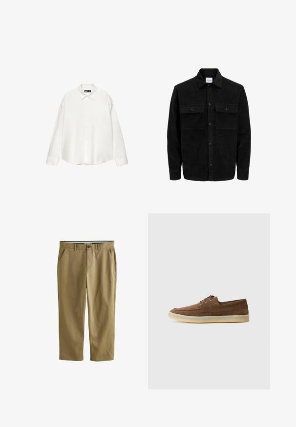 Sort fløjl button-up jakke med to frontlommer og klassisk krave, lange ærmer og ribbet tekstur.; Hvid skjorte med knapper lavet af glat stof, med spids krave, lange ærmer og en afslappet, boxy silhuet.; Khaki chinos lavet af en bomuldsblanding, med to sidelommer, knaplukning, lige ben og en glat tekstur.; Brune ruskindssko med lav profil, snørebåndsdesign, gummisål og kontrasterende syninger. Simpel og funktionel stil.