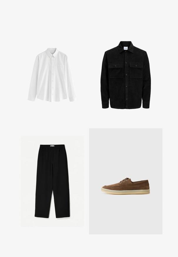 Jachetă din catifea neagră, cu butoni, două buzunare frontale cu clapetă și un guler clasic, mâneci lungi și textură ribbed.; Cămașă albă cu mânecă lungă, realizată din bumbac, cu guler cu nasturi, un singur buzunar pe piept și o croială lejere. Prezintă nasturi mici pe partea din față.; Pantaloni negri, largi, confecționați dintr-un material ușor. Au o talie elastică și o textură netedă. Fără modele vizibile sau accesorii metalice.; Pantofi din suede maro cu un profil jos, design cu sireturi, talpă din cauciuc și detalii de cusătură contrastante. Stil simplu și funcțional.