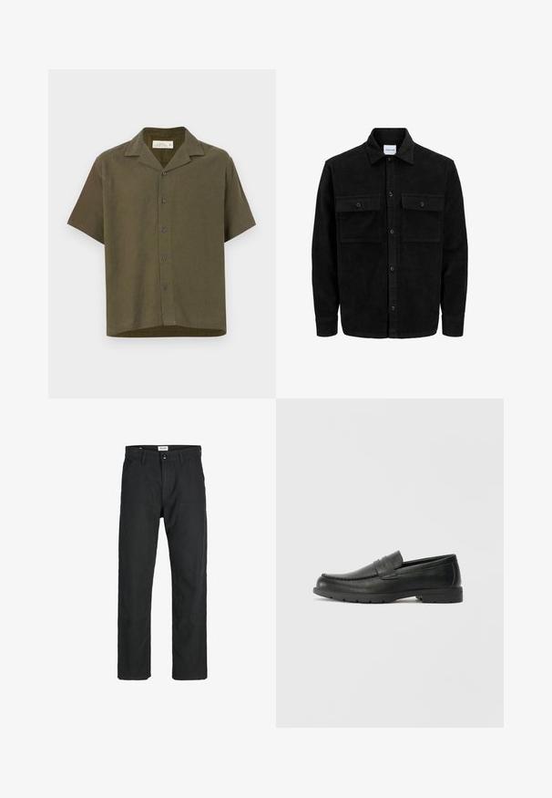 Schwarze Corduroy-Button-Up-Jacke mit zwei frontalem Klappentaschen und klassischem Kragen, langen Ärmeln und gerippter Textur.; Kurzes Ärmel, kragenloses Hemd aus dunkelolivgrünem Stoff. Verfügt über fünf Knöpfe auf der Vorderseite und einem geraden Saum. Hergestellt aus einem Leinenmix.; Schwarze Hosen aus strapazierfähigem Stoff, mit geradem Bein, genähten Akzenten und zwei vorderen Taschen für Funktionalität.; Schwarze Lederloafers mit glatter Oberfläche, Mokassin-oberteil, genähten Details und Gummisohle. Klassisches Design mit niedrigem Absatz.