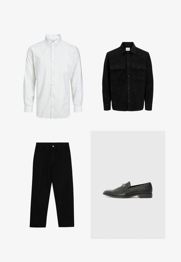 Zwarte corduroy knopenjack met twee voorste klepzakken en een klassieke kraag, lange mouwen en ribbelstructuur.; Witte langemouwen blouse, gemaakt van een gladde stof, met een klassieke kraag, een voorpaneel met knopen en knoopmanchetten.; Zwarte denim broek met een recht gesneden pasvorm, vijf gebruikersvriendelijke zakken en een sluiting met een knoop aan de voorkant. Soepele textuur met minimale stikdetails.; Zwarte leren instapper met een gladde afwerking, voorzien van een gestikt ontwerp en een decoratieve metalen kettingaccent over de wreef. Platte hak.