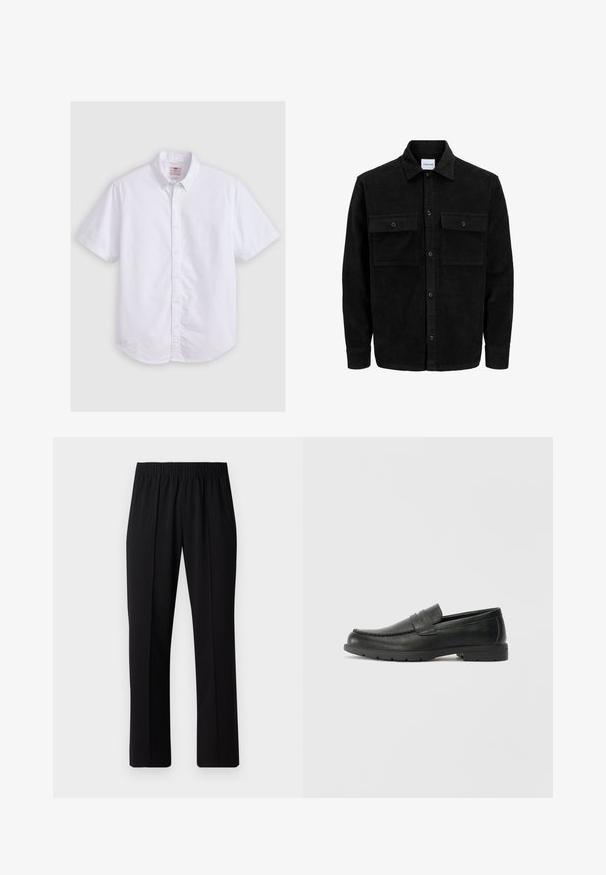 Black corduroy button-up jacket with two front flap pockets and a classic collar, long sleeves, and ribbed texture.; Short-sleeve white shirt in cotton, featuring a button-down collar, subtle texture, curved hem, and traditional button closure.; Black, elastic-waist trousers with a straight-leg design, featuring a smooth texture and no visible patterns or hardware.; Black leather loafers with a smooth finish, moccasin-style upper, stitched detailing, and a rubber sole. Classic design with a low heel.