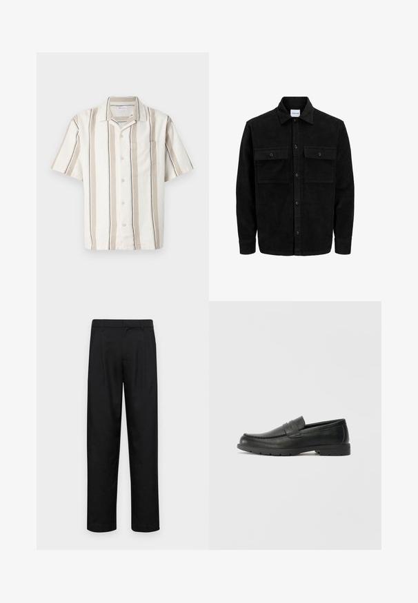 Sort fløjl button-up jakke med to frontlommer og klassisk krave, lange ærmer og ribbet tekstur.; Kortærmet skjorte i beige og hvide striber med struktureret mønster, med en brystlomme og klassisk krave, lavet af letvægtsstof.; Sorte bukser lavet af glat stof, med et lige ben-design, to frontfolder og en standard talje med bæltestropper.; Sorte læderslippers med en glat finish, mokkasin-stil overdel, syninger og gummisål. Klassisk design med en lav hæl.