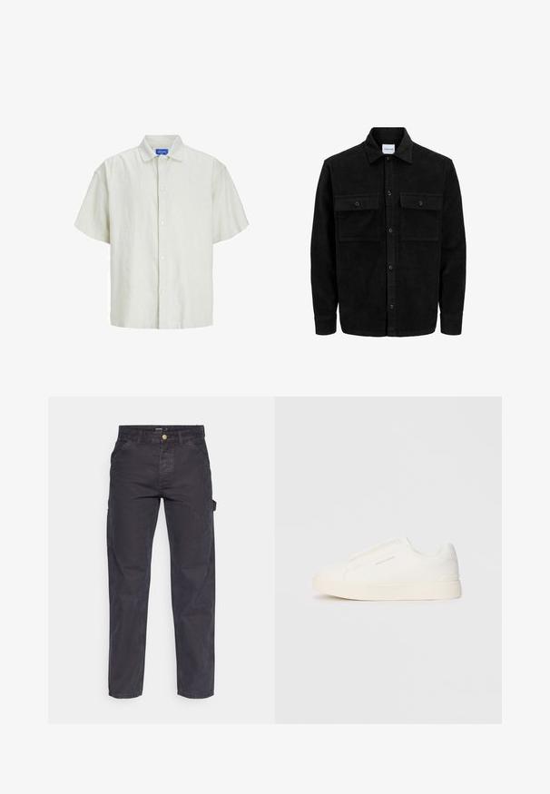 Mustmustöös nupuga jope, millel on kaks eesmist klapiga taskut ja klassikaline kaelus, pikad varrukad ning ribakujuline tekstuur.; Lühikeste varrukatega, helesinine nööpidega särk, mis on valmistatud tekstuuriga kangast, millel on klassikaline krae ja kuus valget nööpi ees.; Tumehallid cargo-püksid, mis on valmistatud vastupidavast kangast, sirge lõikega, viie tasku ja nupuga kinnitusega vööl.; Valged libisemiskindlad tossud tekstuuriga pinnaga, paksu tallaga ja minimalistikus disainis. Küljel on brändi logo.
