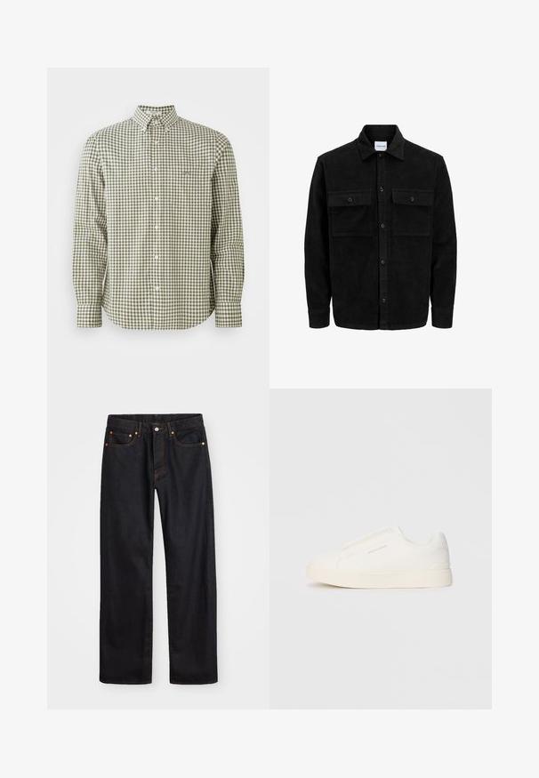 Melnas kordūru pogu jaka ar divām priekšējām atloka kabatām un klasisku apkakli, garām piedurknēm un ribotu tekstūru.; Zaļi un balti pārbaudīti garām piedurknēm krekls ar pogājamām apkaklēm, kura priekšpusē ir maza krūšu kabata un baltas pogas.; Vīriešu taisno kāju melnie džinsi ar piecām kabatām un oranžu izšuvumu, ar pogu un zipa aizdari priekšējā jostas daļā.; Baltas slip-on sporta apavi ar teksturētu virsmu, biezu zoli un minimālistisku dizainu. Sānos redzams zīmola logotips.