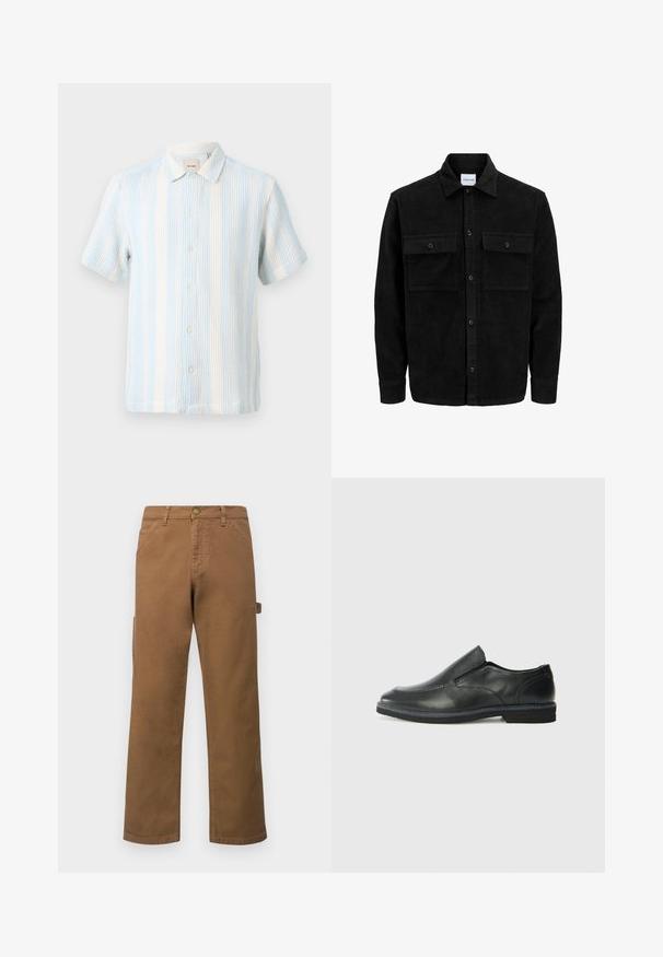 Čierna kordúrová bunda s gombíkmi, dvoma prednými vreckami so záklopkou a klasickým golierom, dlhými rukávmi a ryhovanou textúrou.; Košeľa s krátkym rukávom a gombíkmi vo svetlo modrej a krémovej farbe, s textúrovanou tkaninou s vertikálnymi pruhmi a golierom.; Hnedé bavlnené cargo nohavice so rovnými nohavicami, ktoré majú bočné vrecká a kovový gombík na zapínanie v páse. Hladká textúra a ležérny dizajn.; Čierny kožený nazúvací topánka s hladkým zvrškom, prešitými akcentmi, zaoblenou špičkou a nízkym gumovým podpätkom. Podošva má minimálny dezén.