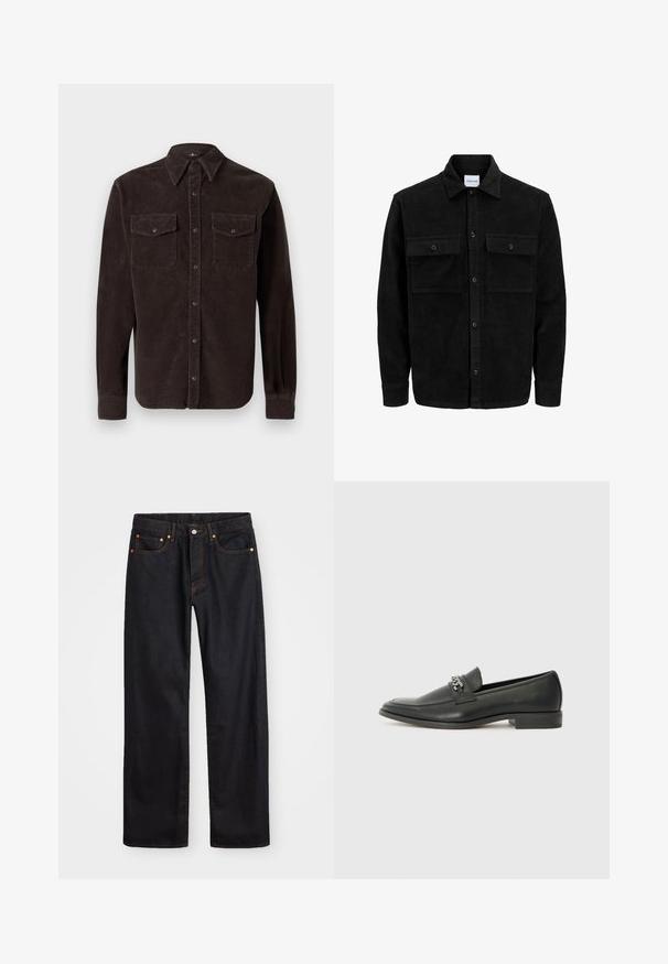 Juodas velveto mygtukų švarkas su dviem priekiniais kišenėmis su atvartais, klasikiniu apykakle, ilgomis rankovėmis ir raukšlėtu paviršiumi.; Rudas troninė marškinėliai su klasikinio apykaklės dizainu, ilgomis rankovėmis, dviem krūtinės kišenėmis su mygtuko užsegimu ir tekstūruotu audiniu.; Vyrų tiesaus kirpimo juodi džinsai iš denim medžiagos, su penkiomis kišenėmis ir oranžinėmis siūlėmis, su mygtuko ir užtrauktuko uždarymu ant priekio.; Juodos odinės loafer tipo bateliai su lygiu paviršiumi, turintys siuvinėtą dizainą ir dekoratyvų metalo grandinėlės akcentą ant batų viršaus. Plokščias kulnas.