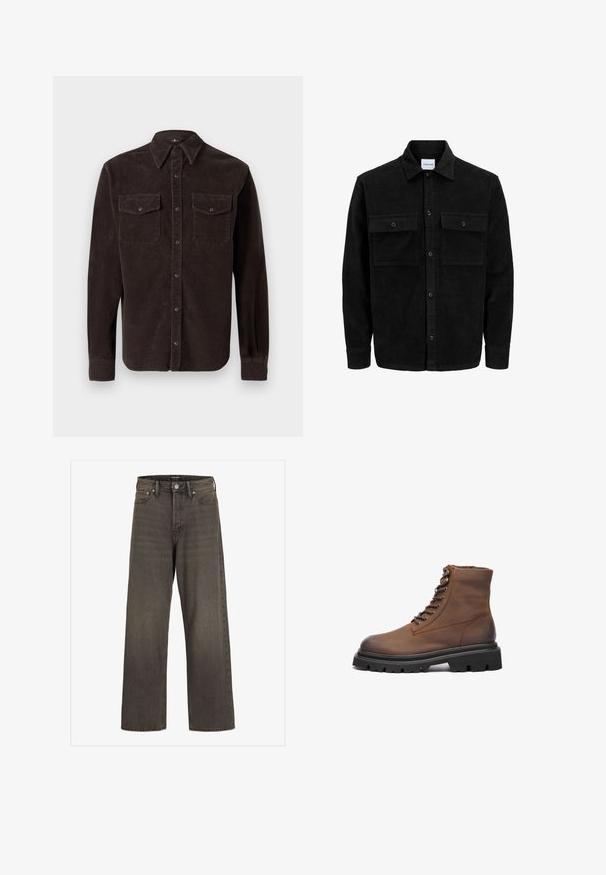 Sort fløjl button-up jakke med to frontlommer og klassisk krave, lange ærmer og ribbet tekstur.; Brun kordfløjlskjorte med klassisk krave, lange ærmer, to brystlommer med knaplukning og struktureret stof.; Bredde ben jeans i mørkegrå denim med høj talje, klassisk fem-lommer design og kontrasterende syninger langs sømmene.; Brun læder ankelstøvle med rund tå, snørebånd fortil, metaløjer og en tykk sort gummisål med skridsikret mønster.