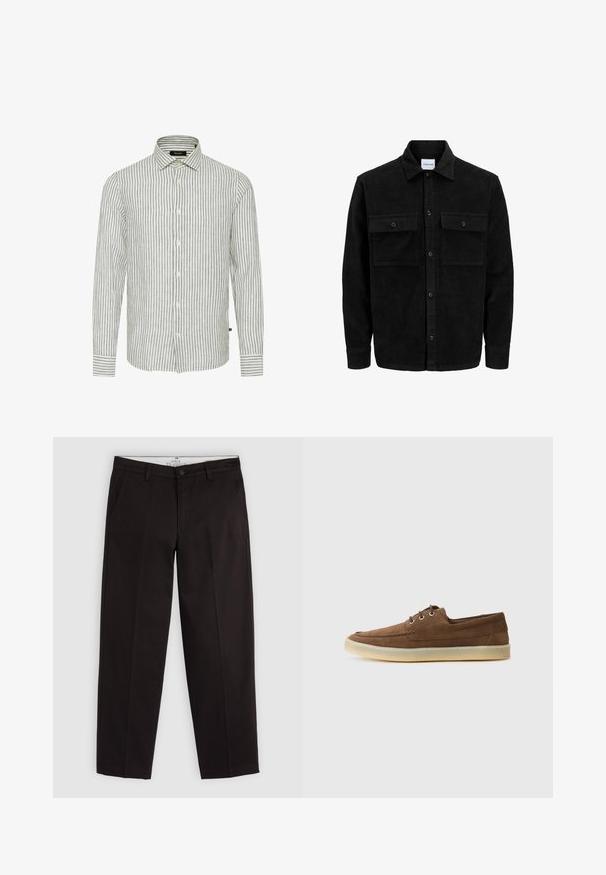 Zwarte corduroy knopenjack met twee voorste klepzakken en een klassieke kraag, lange mouwen en ribbelstructuur.; Grijs en wit gestreept overhemd met lange mouwen, klassieke kraag en knopen aan de voorkant; heeft een gestructureerde stof met een casual ontwerp.; Zwarte rechte chino's met riemlussen, knoopsluiting en zijzakken, weergegeven op een lichtgrijze achtergrond.; Bruine suede schoenen met een laag profiel, vetersluiting, rubberen zool en contrasterende stiksels. Eenvoudige en functionele stijl.