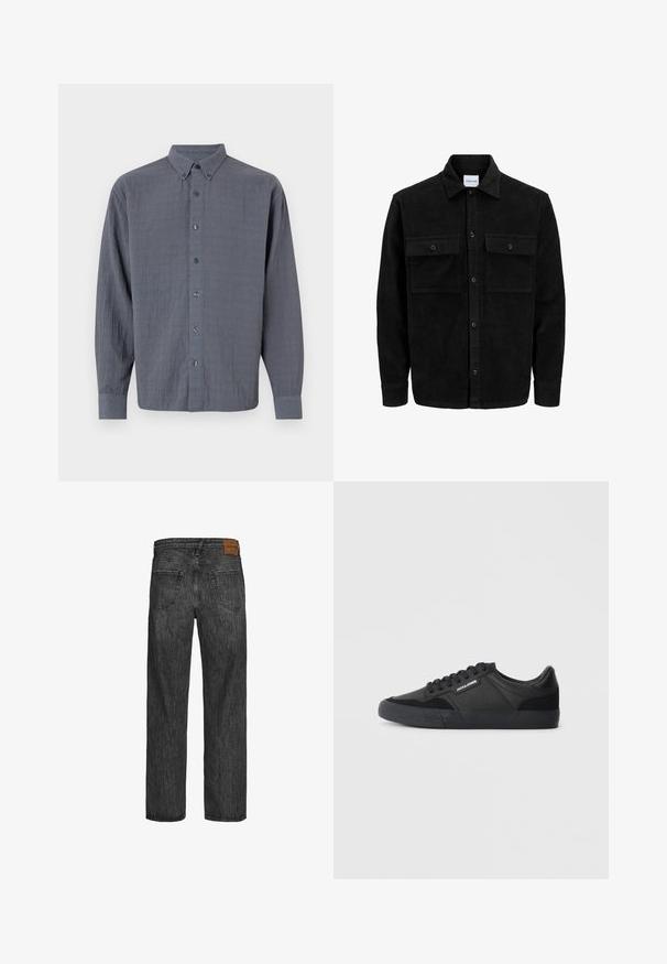 Chaqueta de pana negra con botones, dos bolsillos delanteros con solapa y un cuello clásico, mangas largas y textura acanalada.; Camisa de botón gris con mangas largas, hecha de tela texturizada, con un cuello clásico y seis botones en la parte delantera.; Jeans de mezclilla negra con un diseño de pierna recta, estilo de cinco bolsillos y un parche de cuero marrón en la cinturilla. Tejido texturizado con detalles de costura.; Zapatillas negras con una combinación de materiales de cuero y ante, con cordones redondos, suela de goma texturizada y un logo de la marca en el lateral.