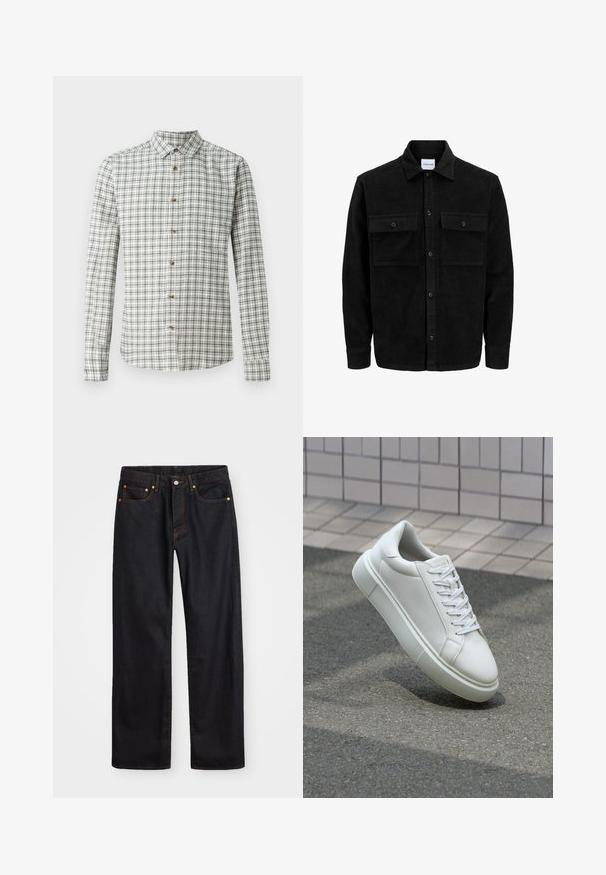 Črna kordurojska jakna z gumbi, z dvema sprednjima žepoma z zavihkom in klasičnim ovratnikom, dolgimi rokavi ter rebrasto teksturo.; Srajca s dolgimi rokavi v belih in mornarskih barvah, z gumbastim ovratnikom in lesenimi gumbi, ki ima črtast vzorec.; Moške črne kavbojke ravnega kroja z petimi žepi in oranžnim šivanjem, z gumbom in zadrgo na sprednjem pasu.; Bela usnjena teniska obutev z gladko površino, okroglo konico in ravnimi belimi vezalkami. Ima teksturiran gumijast podplat in minimalne oblikovalske elemente.