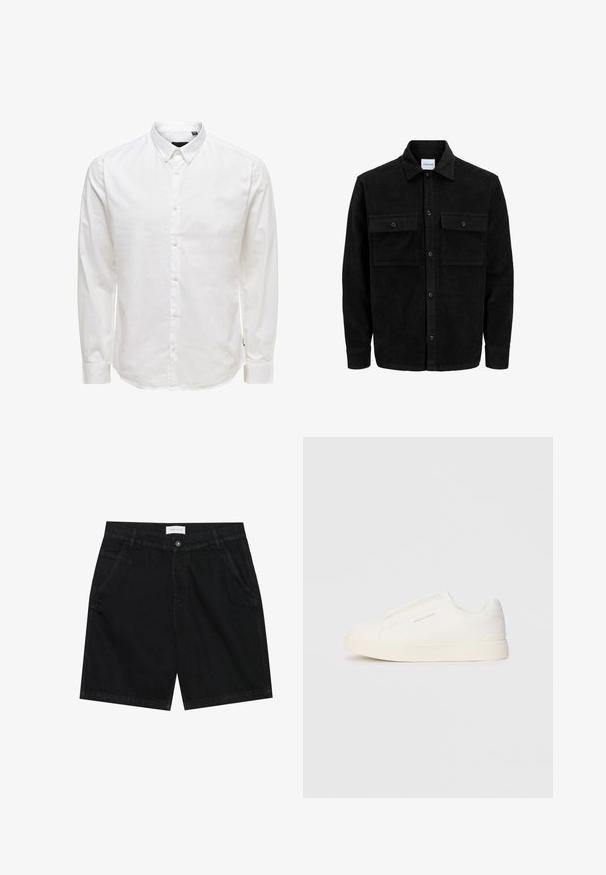 Veste en velours côtelé noire à boutons, avec deux poches à rabat à l'avant et un col classique, des manches longues et une texture côtelée.; Chemise blanche à manches longues avec col, présentant une texture lisse et six boutons sur le devant. Coupe ajustée avec des manches à poignets.; Shorts en denim noir à coupe classique, dotés de deux poches avant, d'une fermeture à bouton et d'une étiquette à la taille. Tissu texturé.; Baskets blanches sans lacets avec une surface texturée, une semelle épaisse et un design minimaliste. Présente le logo de la marque sur le côté.