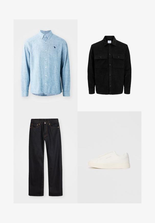 Schwarze Corduroy-Button-Up-Jacke mit zwei frontalem Klappentaschen und klassischem Kragen, langen Ärmeln und gerippter Textur.; Helles blaues Hemd mit Textur. Es hat einen Kragen, lange Ärmel und ein kleines dunkles Logo auf der Brust.; Herren gerade geschnittene schwarze Jeans aus Denim mit fünf Taschen und orangefarbenen Nähten, Knopf- und Reißverschluss vorne am Bund.; Weiße Slip-On-Sneaker mit einer strukturierten Oberfläche, dicker Sohle und minimalistischem Design. Mit Logo der Marke an der Seite.