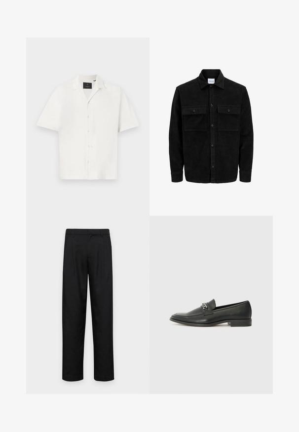 Czarna kurtka z korduru z guzikami, z dwoma przednimi kieszeniami na klapki oraz klasycznym kołnierzem, długimi rękawami i ryżowym splotem.; Krótki rękaw biały koszul z teksturowanej tkaniny, z kołnierzykiem i czterema guzikami z przodu. Minimalistyczny design bez dodatkowych wzorów.; Czarne spodnie wykonane z gładkiego materiału, z prostą nogawką, dwoma fałdami z przodu oraz standardowym paskiem z wypustkami na pasek.; Czarne skórzane mokasyny o gładkim wykończeniu, z haftowanym wzorem i dekoracyjnym akcentem z metalowego łańcucha na wierzchu. Płaska pięta.