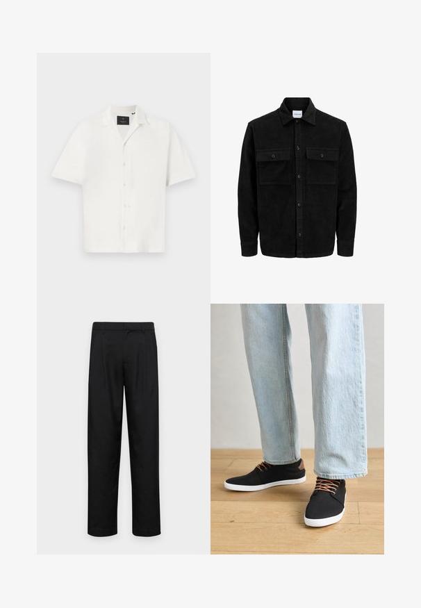 Chaqueta de pana negra con botones, dos bolsillos delanteros con solapa y un cuello clásico, mangas largas y textura acanalada.; Camisa blanca de manga corta con tejido texturizado, que presenta un cuello y un cierre frontal de cuatro botones. Diseño minimalista sin patrones adicionales.; Pantalones negros de tela suave, con un diseño de pierna recta, dos pliegues frontales y una cintura estándar con trabillas para el cinturón.; Zapatillas de lona negras con detalles marrones, suelas de goma blanca y cordones marrones, combinadas con jeans rectos de color azul claro. Fondo de suelo de madera.