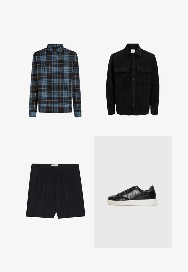 Mustmustöös nupuga jope, millel on kaks eesmist klapiga taskut ja klassikaline kaelus, pikad varrukad ning ribakujuline tekstuur.; Musternahk ja sinine flanellseljas, millel on ruuduline muster, pikad varrukad, nööbisuoja esiosa ja kaks rinna taskut. Valmistatud pehmest kangast.; Mustad, elastse varrugae püksid, millel on nööriga vöökoht, sile tekstuur ja sirge lõige, sobivad vabaaja kandmiseks.; Mustad mustad mustad kroko-reljeefiga nahast ülemine osa, ümar varvas ja kontrastne valge kummitald, millel on sile viimistlus.