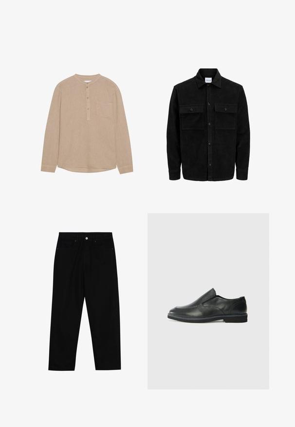 Schwarze Corduroy-Button-Up-Jacke mit zwei frontalem Klappentaschen und klassischem Kragen, langen Ärmeln und gerippter Textur.; Beige Langarmhemd mit Henley-Ausschnitt, geknöpftem Verschluss, Brusttasche auf der linken Seite, weicher Textur und abgerundetem Saum.; Schwarze Jeans mit geradem Schnitt, Fünf-Taschen-Design und einem vorderen Knopfverschluss. Glatte Textur mit minimalen Nähten.; Schwarze Leder-Slipper mit glattem Obermaterial, gesteppten Akzenten, runder Zehenpartie und niedrigem Gummiabsatz. Die Sohle hat ein minimales Profil.