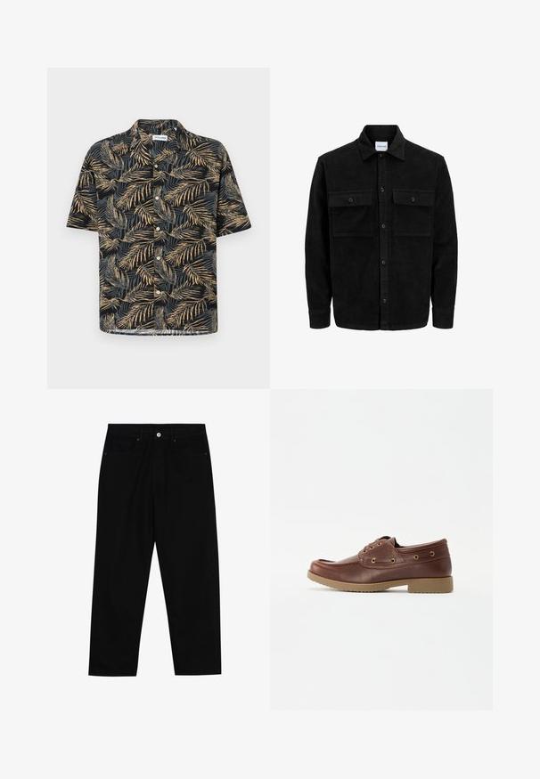 Jachetă din catifea neagră, cu butoni, două buzunare frontale cu clapetă și un guler clasic, mâneci lungi și textură ribbed.; Cămașă cu mânecă scurtă dintr-un material negru, având un model cu frunze de palmier în nuanțe de auriu și bej, cu guler clasic și închidere cu butoane.; Pantaloni negri din denim cu croială dreaptă, design cu cinci buzunare și închidere frontală cu nasture. Textură netedă cu detalii de cusătură minime.; Pantofii din piele maro pentru bărbați, cu vârful rotunjit, talpa texturată, ochiuri aurii și detalii de cusătură pe partea superioară pentru un design clasic.