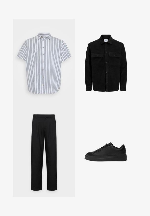 Czarna kurtka z korduru z guzikami, z dwoma przednimi kieszeniami na klapki oraz klasycznym kołnierzem, długimi rękawami i ryżowym splotem.; Koszula z krótkim rękawem, biała w niebieskie pionowe paski. Posiada klasyczny kołnierzyk i drewniane guziki z przodu.; Czarne spodnie wykonane z gładkiego materiału, z prostą nogawką, dwoma fałdami z przodu oraz standardowym paskiem z wypustkami na pasek.; Czarny trampki wykonane z gładkiej skóry, z okrągłym noskiem, grubą platformą i tradycyjnym sznurowaniem z sześcioma oczkami.