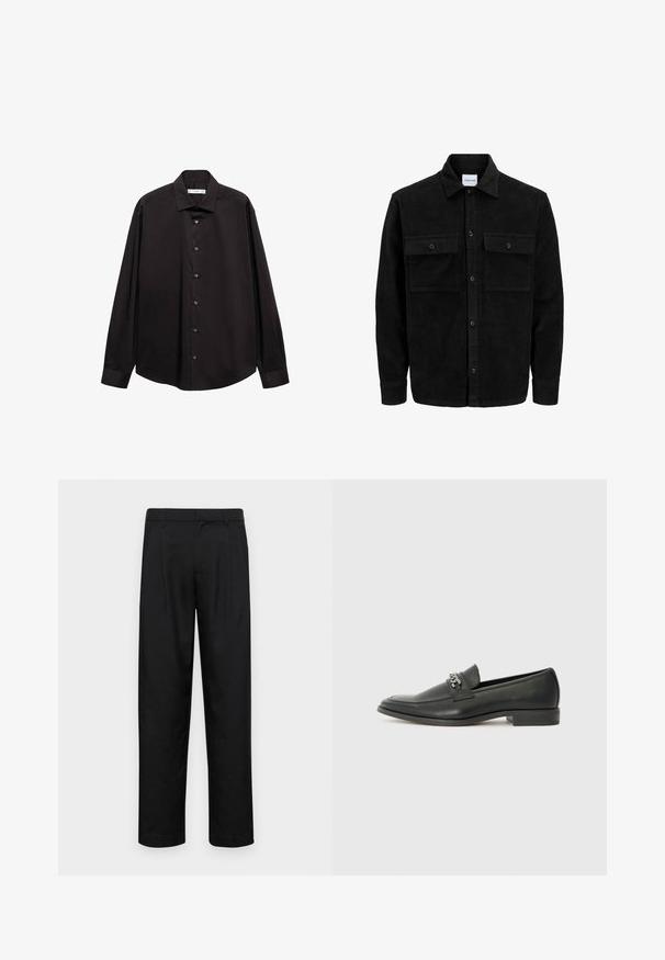 Crni kožni kord jakna na dugmad s dva prednja džepa s preklopom i klasičnim ovratnikom, dugim rukavima i rebrastom teksturom.; Crna košulja s dugim rukavima, dugmadima sprijeda, izrađena od glatke tkanine, s klasičnim ovratnikom. Nema vidljivih uzoraka ili akcenta.; Crne hlače od glatkog materijala, s dizajnom ravnih nogavica, dva prednja nabora i standardnim pojasom s petljama za remen.; Crna kožna loafer cipela s glatkom finišem, s ušivenim uzorkom i dekorativnim metalnim lancem preko prednjeg dijela. Ravni potplat.