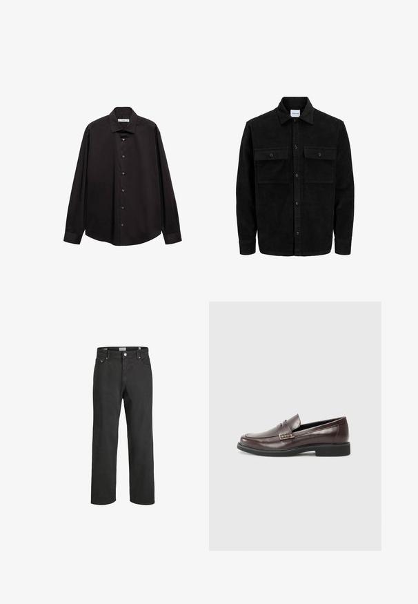 Černá kordurová košile s knoflíky, dvěma předními klopovými kapsami a klasickým límcem, dlouhými rukávy a vroubkovanou texturou.; Černá košile s dlouhým rukávem a knoflíky, vyrobená z hladkého materiálu, s klasickým límečkem a předními knoflíky. Žádné viditelné vzory nebo akcenty.; Černé rovné džínsy vyrobené z bavlny, s klasickým pětioktalovým designem, zapínáním na knoflík a jemnými švy.; Hnědé kožené mokasíny s hladkým povrchem, které mají jemný prošitý detail na svršku a černou gumovou podrážku.