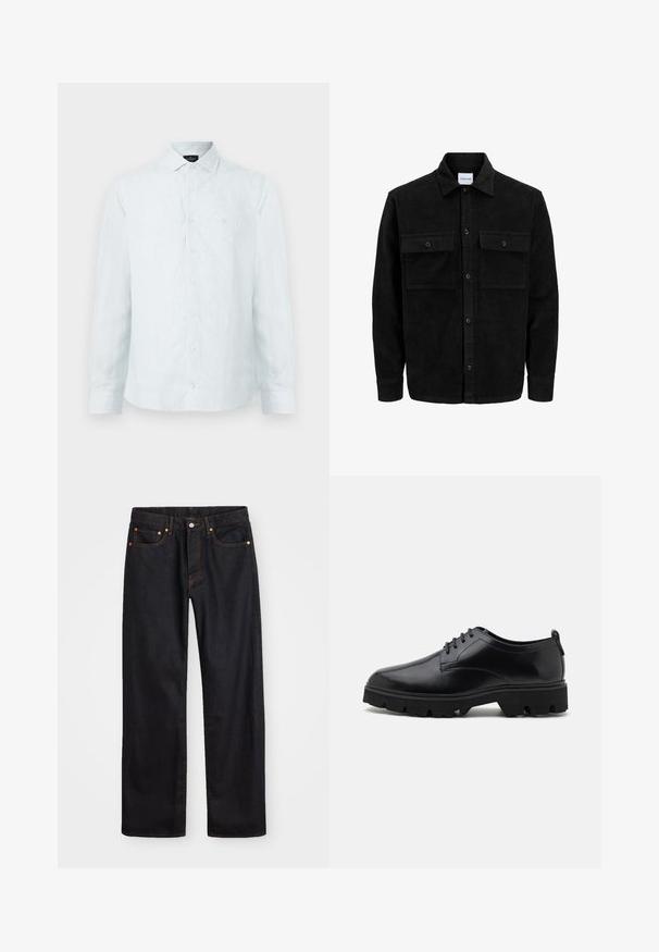 Czarna kurtka z korduru z guzikami, z dwoma przednimi kieszeniami na klapki oraz klasycznym kołnierzem, długimi rękawami i ryżowym splotem.; Męska koszula zapinana na guziki w jasnoniebieskim kolorze w białe pionowe paski, klasyczny kołnierzyk, długie rękawy i subtelne logo na piersi.; Męskie jeansy w prostym kroju, czarne, z pięcioma kieszeniami oraz pomarańczowymi strefami, z zapięciem na guzik i zamek z przodu w pasie.; Czarne skórzane buty o gładkim wykończeniu, z zapięciem na sznurówki oraz grubą, solidną gumową podeszwą z głębokim bieżnikiem zapewniającym przyczepność.