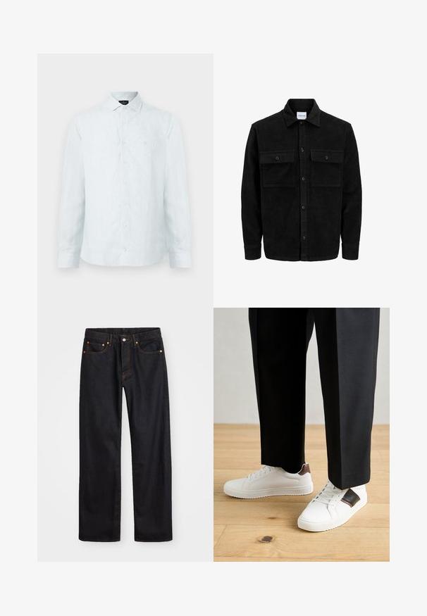 Černá kordurová košile s knoflíky, dvěma předními klopovými kapsami a klasickým límcem, dlouhými rukávy a vroubkovanou texturou.; Pánská košile na knoflíky ve světle modré barvě s bílými svislými pruhy, klasickým límečkem, dlouhými rukávy a diskrétním logem na hrudi.; Pánské černé džíny rovného střihu s pěti kapsami a oranžovým prošíváním, s knoflíkem a zipem na předním pásku.; Bílé tenisky s hladkým povrchem, s hnědými koženými akcenty a černými detaily, kombinované s černými kalhotami na míru. Pozadí tvoří dřevěná podlaha.