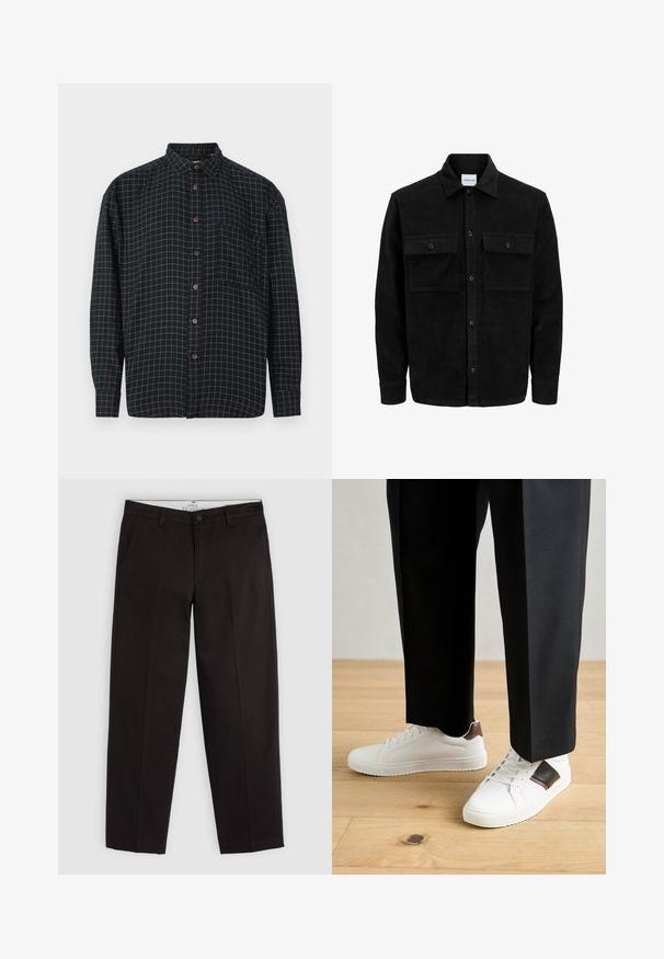 Chaqueta de pana negra con botones, dos bolsillos delanteros con solapa y un cuello clásico, mangas largas y textura acanalada.; Camisa de botones de manga larga negra con un patrón de cuadrícula blanca, bolsillo frontal y botones marrones sobre un fondo blanco.; Chinos negros de pierna recta con trabillas para cinturón, cierre de botón y bolsillos laterales, exhibidos sobre un fondo gris claro.; Zapatillas blancas con textura suave, con acentos de cuero marrón y detalles en negro, combinadas con pantalones negros ajustados. Fondo de suelo de madera.