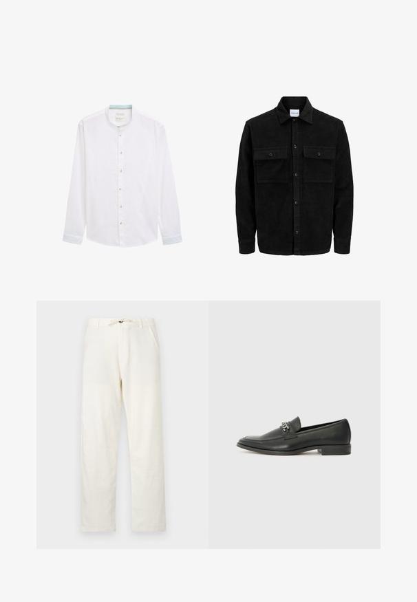 Crni kožni kord jakna na dugmad s dva prednja džepa s preklopom i klasičnim ovratnikom, dugim rukavima i rebrastom teksturom.; Bijela košulja dugih rukava s okovratnikom, koja ima svijetloplavi naglasak unutar okovratnika i dugmad za zatvaranje sprijeda.; Svijetlosmeđi laneni hlače ravnog kroja, s remenom za podešavanje u struku i dva bočna džepa. Glatka tekstura i minimalistički dizajn.; Crna kožna loafer cipela s glatkom finišem, s ušivenim uzorkom i dekorativnim metalnim lancem preko prednjeg dijela. Ravni potplat.