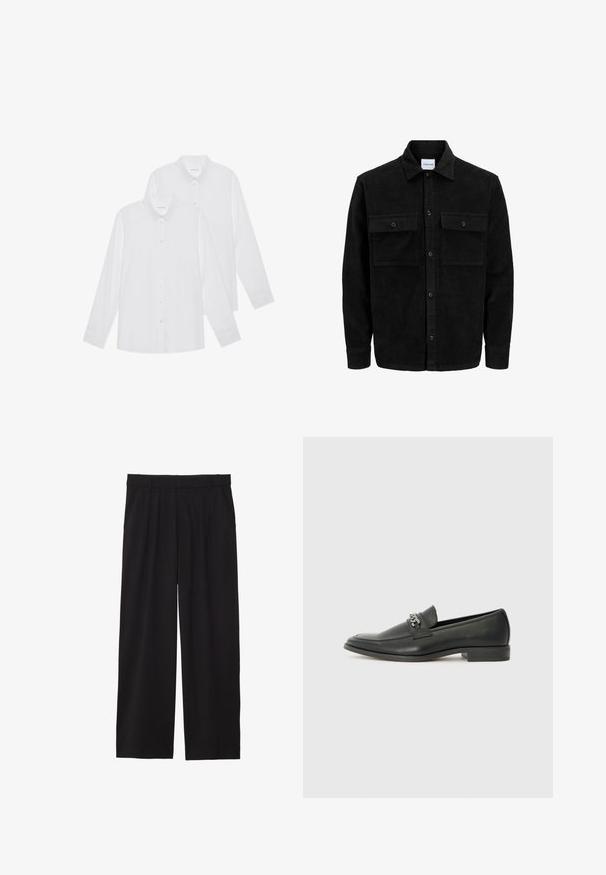 Jachetă din catifea neagră, cu butoni, două buzunare frontale cu clapetă și un guler clasic, mâneci lungi și textură ribbed.; Cămăși albe cu mânecă lungă, la pachet de două, cu închidere buton, guler și manșete, fabricate dintr-un material neted fără modele.; Pantaloni negri largi, cu un front plisat, buzunare laterale și o textură de țesătură netedă. Concepuți pentru o croială relaxată.; Pantofii negri din piele cu un finisaj neted, având un design cusut și un accent decorativ de lanț metalic peste partea de sus. Toc plat.