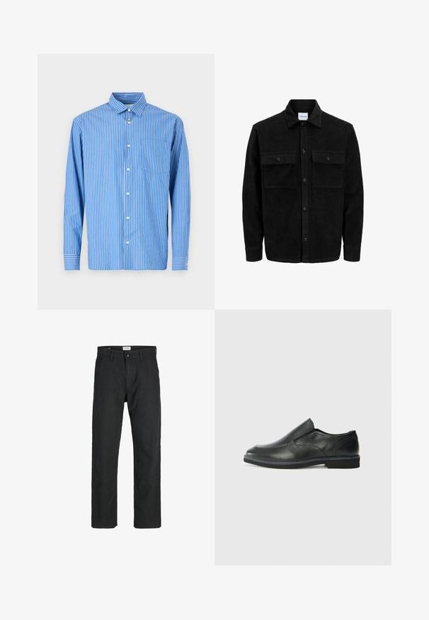 Čierna kordúrová bunda s gombíkmi, dvoma prednými vreckami so záklopkou a klasickým golierom, dlhými rukávmi a ryhovanou textúrou.; Modrá a biela pruhovaná košeľa s dlhým rukávom, s designom na zapínanie na gombíky, s klasickým golierom a jednou náprsníkovou vreckom. Z príjemného bavlneného materiálu.; Čierne nohavice vyrobené z odolného materiálu, s rovnými nohavicami, prešitými detailmi a dvoma prednými vreckami pre väčšiu funkčnosť.; Čierny kožený nazúvací topánka s hladkým zvrškom, prešitými akcentmi, zaoblenou špičkou a nízkym gumovým podpätkom. Podošva má minimálny dezén.
