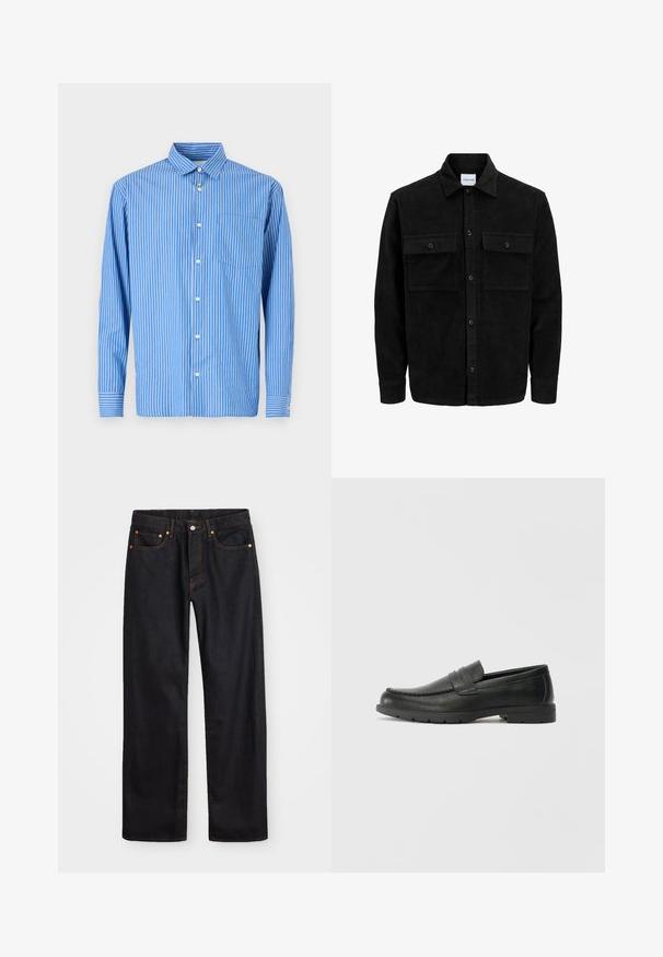 Mustmustöös nupuga jope, millel on kaks eesmist klapiga taskut ja klassikaline kaelus, pikad varrukad ning ribakujuline tekstuur.; Sinine ja valge triibuline pikkade varrukatega särk, nööbid ees, klassikaline krae ja ühe rinnataskuga. Pehme puuvillane kangas.; Meeste sirge jala mustad denim teksad viie taskuga, oranž õmblus, nupu ja tõmblukuga ees nagu vöökoht.; Musthave nahkkingad siledast nahast, mokassiini stiilis ülevalt, tikanditega ja kummist tallaga. Klassikaline disain madala kontsaga.