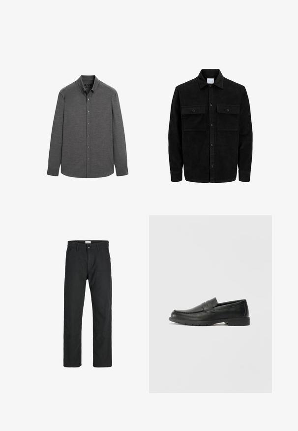 Schwarze Corduroy-Button-Up-Jacke mit zwei frontalem Klappentaschen und klassischem Kragen, langen Ärmeln und gerippter Textur.; Graues langärmeliges Hemd aus einem strukturierten Stoff, mit einem Button-Down-Kragen und Knöpfen auf der Vorderseite, sowie einem abgerundeten Saum.; Schwarze Hosen aus strapazierfähigem Stoff, mit geradem Bein, genähten Akzenten und zwei vorderen Taschen für Funktionalität.; Schwarze Lederloafers mit glatter Oberfläche, Mokassin-oberteil, genähten Details und Gummisohle. Klassisches Design mit niedrigem Absatz.