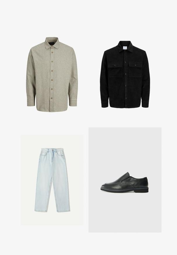 Zwarte corduroy knopenjack met twee voorste klepzakken en een klassieke kraag, lange mouwen en ribbelstructuur.; Overhemd met knopen, gemaakt van lichtgewicht stof, met een lichtbeige en donkergroen ruitpatroon, voorzien van een gespreide kraag en houten knopen.; Lichtblauwe denim jeans met een relaxte pasvorm, recht model, vijf zakken en subtiele vervaging in de stof.; Zwarte leren instapper met een soepele bovenkant, gestikte accenten, ronde neus en een lage rubberen hak. De zool heeft minimale profiel.