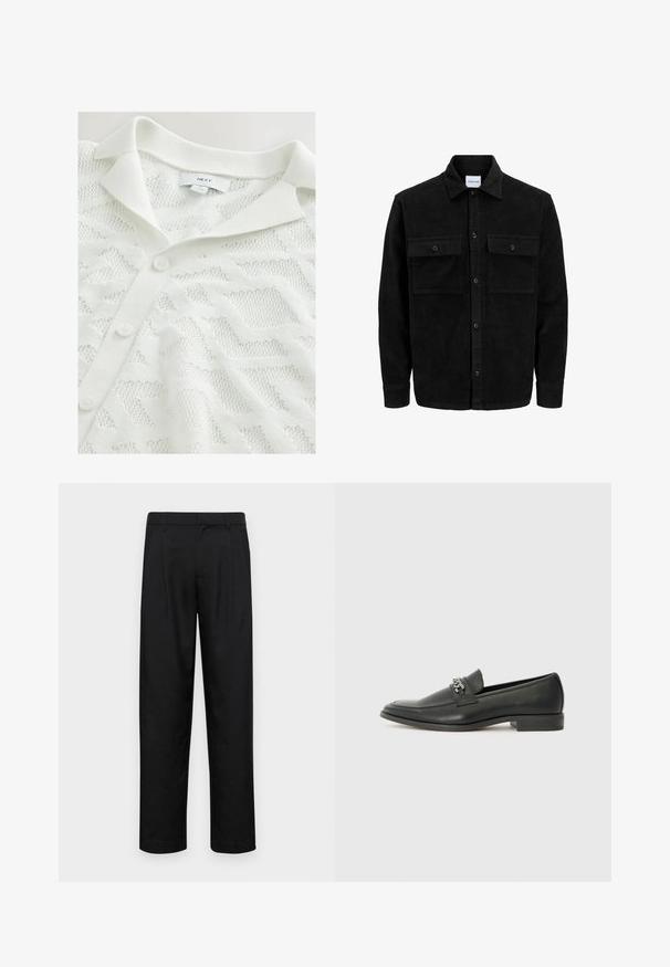 Crni kožni kord jakna na dugmad s dva prednja džepa s preklopom i klasičnim ovratnikom, dugim rukavima i rebrastom teksturom.; Bijela pletena cardigan jakna s teksturiranim geometrijskim uzorkom, polo kragnom i tri dugmeta za zakopčavanje sprijeda.; Crne hlače od glatkog materijala, s dizajnom ravnih nogavica, dva prednja nabora i standardnim pojasom s petljama za remen.; Crna kožna loafer cipela s glatkom finišem, s ušivenim uzorkom i dekorativnim metalnim lancem preko prednjeg dijela. Ravni potplat.