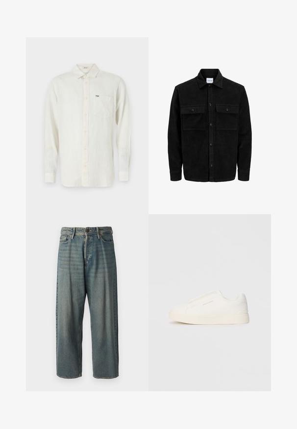 Czarna kurtka z korduru z guzikami, z dwoma przednimi kieszeniami na klapki oraz klasycznym kołnierzem, długimi rękawami i ryżowym splotem.; Jasnokremowa lniana koszula z długim rękawem, klasycznym kołnierzykiem, pojedynczą kieszenią na piersi oraz małą metką z logo na kieszeni.; Jasnoniebieskie dżinsy o luźnym kroju, średnim stanie i prostych nogawkach. Posiadają pięć kieszeni, szlufki na pasek oraz zapięcie na guzik.; Białe sneakersy wsuwane z teksturowanej powierzchni, grubą podeszwą i minimalistycznym designem. Zawierają logo marki z boku.