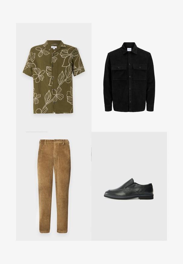 Black corduroy button-up jacket with two front flap pockets and a classic collar, long sleeves, and ribbed texture.; Short-sleeve olive green shirt with white floral embroidery, button-down front, and relaxed fit. Soft texture, casual design suitable for warm weather.; Brown corduroy pants with vertical ribbed texture, straight cut, button closure, and belt loops. Smooth fabric with a soft finish.; Black leather slip-on shoe with a smooth upper, stitched accents, rounded toe, and a low rubber heel. Sole features minimal tread.