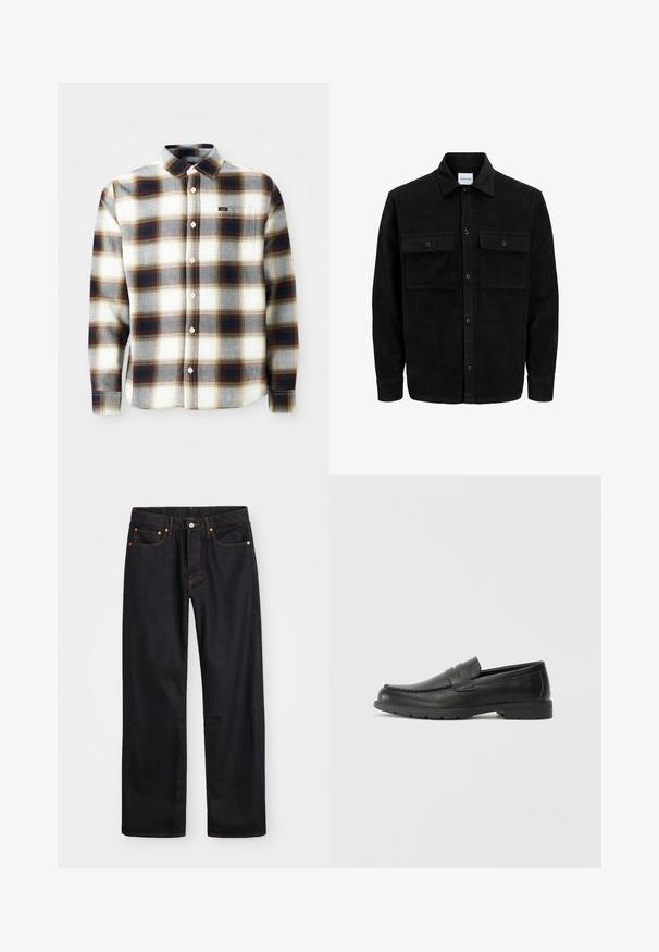 Veste en velours côtelé noire à boutons, avec deux poches à rabat à l'avant et un col classique, des manches longues et une texture côtelée.; Chemise à manches longues à carreaux en blanc, gris et brun. Elle présente un design à boutons, un col classique et un petit logo de la marque sur la poitrine.; Jean en denim noir pour hommes, coupe droite, avec cinq poches et surpiqûres orange, fermeture par bouton et zip à la taille avant.; Mocassins en cuir noir avec une finition lisse, tige de style moccasin, détails cousus et semelle en caoutchouc. Design classique avec un talon bas.