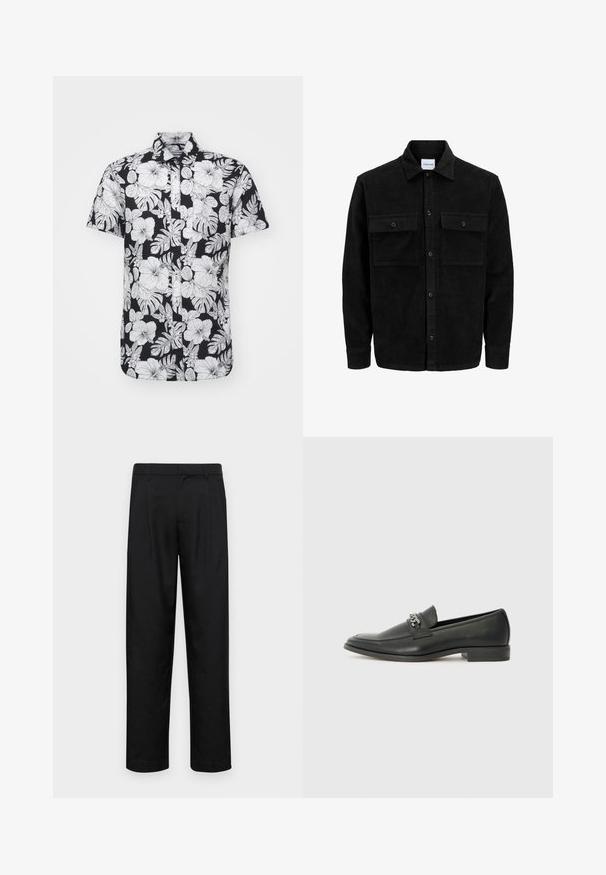 Mustat corduroy-nappi takki, jossa on kaksi etupistotaskua ja klassinen kaulus, pitkät hihat ja ribattu pinta.; Lyhythihainen paita, jossa on musta tausta ja rohkeita valkoisia kukka- ja lehtikuvioita, kauluksellinen malli ja suora helma.; Mustat housut, jotka on valmistettu sileästä kankaasta, suoran lahkeen muotoilulla, kahdella etupleekillä ja tavanomaisella vyötäröllä, jossa on vyölenkit.; Musta nahkakengät, joissa on sileä pinta, koristeelliset ompeleet ja metalliketjun yksityiskohta kengän päällä. Littee korko.