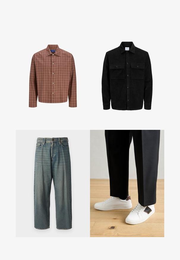 Jachetă din catifea neagră, cu butoni, două buzunare frontale cu clapetă și un guler clasic, mâneci lungi și textură ribbed.; Cămașă cu guler ascuțit, cu mâneci lungi, în carouri roșii și maro, cu butoane albe, realizată dintr-un material ușor și texturat.; Jeans din denim bleu deschis, cu o croială lejeră, talie medie și picioare drepte. Au cinci buzunare, bucle pentru curea și închidere cu nasture.; Sneakers albe cu textură netedă, având accente din piele maro și detalii negre, asociate cu pantaloni negri pe măsură. Fundal din podea din lemn.