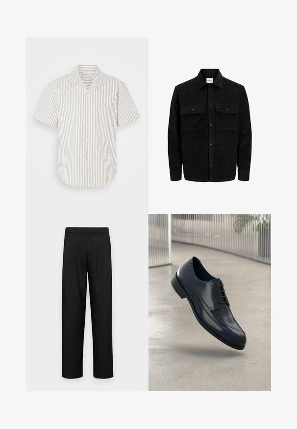 Črna kordurojska jakna z gumbi, z dvema sprednjima žepoma z zavihkom in klasičnim ovratnikom, dolgimi rokavi ter rebrasto teksturo.; Kratek rokav, srajca s gumbi v svetlo bež barvi z navpičnimi temnimi črtami, z žeparjem na prsih in ovratnikom, ki se zloži.; Črne hlače iz gladkega materiala, s krojem ravne noge, dvema sprednjima pregiboma in standardnim pasom z zankami za pas.; Svetleče črne usnjene čevlje za obleko z vezalkami, ki lebdi nad gladko, svetlo sivo tlemi ter vertikalnimi kovinskimi palicami v ozadju.