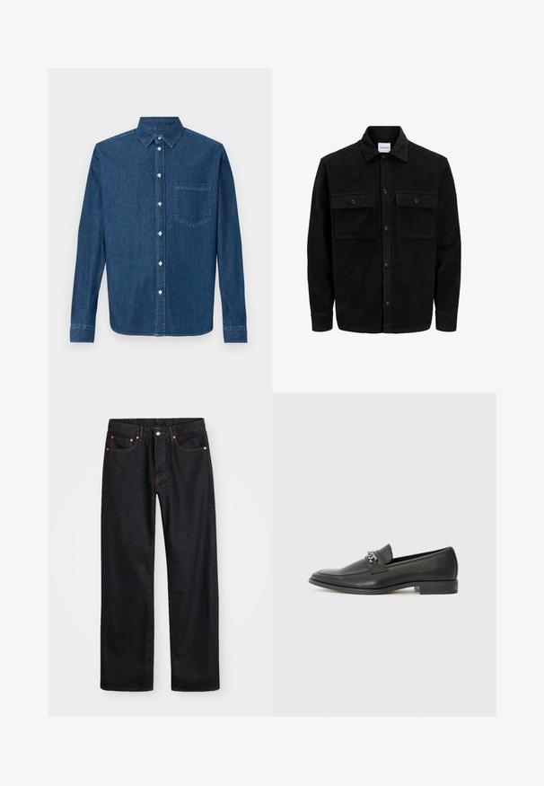 Mustmustöös nupuga jope, millel on kaks eesmist klapiga taskut ja klassikaline kaelus, pikad varrukad ning ribakujuline tekstuur.; Tumedast sinisest denimist särk, millel on pikad varrukad, nööbid ette, krae ja üks rinnatasku. Särgis on sujuv tekstuur ja tavaline lõige.; Meeste sirge jala mustad denim teksad viie taskuga, oranž õmblus, nupu ja tõmblukuga ees nagu vöökoht.; Must haveate nahkking punased, millel on sile viimistlus, tikitud muster ja dekoratiivne metallkett vampi üle. Tasane konts.