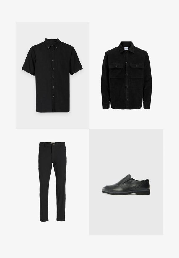 Juodas velveto mygtukų švarkas su dviem priekiniais kišenėmis su atvartais, klasikiniu apykakle, ilgomis rankovėmis ir raukšlėtu paviršiumi.; Juodas trumpomis rankovėmis marškinėliai su mygtukiniu apykakliu, pagaminti iš tekstūruotos medžiagos, su juodais mygtukais, einančiais per visą priekinę dalį.; Juodi medvilnės mišiniai kelnės su siauru siluetu, su mygtuko uždarymu, kišenėmis ir sukamučiais galais, suteikiančiais laisvalaikio stilių.; Juodai odiniai įtvirtinimo batai su lygiu paviršiumi, siuvinėjimo akcentais, apvalia nosimi ir žemu guminiu kulnu. Pado raštas minimalus.