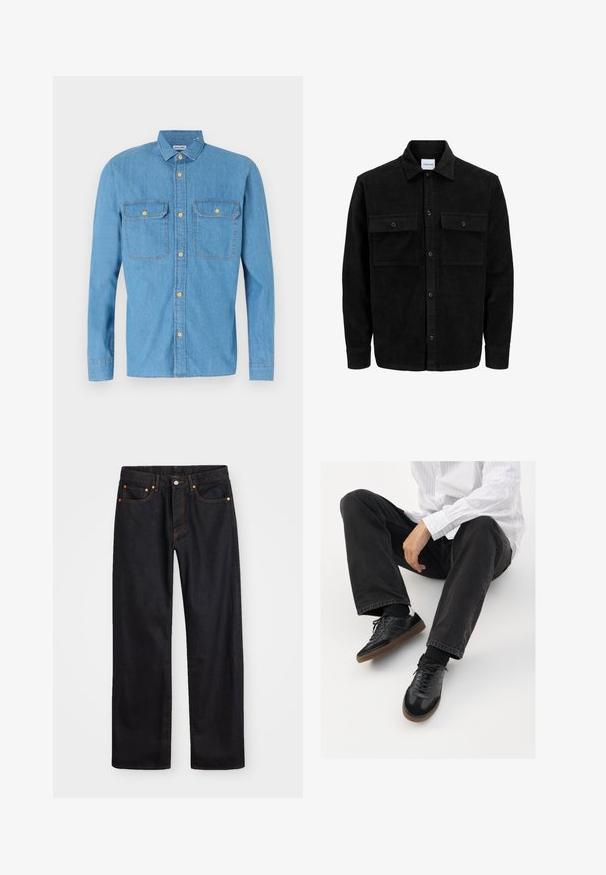 Črna kordurojska jakna z gumbi, z dvema sprednjima žepoma z zavihkom in klasičnim ovratnikom, dolgimi rokavi ter rebrasto teksturo.; Svetlo modra jeans srajca z dolgimi rokavi, z gumbi spredaj, dvema žepoma na prsih, koničastim ovratnikom in zlatimi gumbi. Gladka tekstura, sproščen dizajn.; Moške črne kavbojke ravnega kroja z petimi žepi in oranžnim šivanjem, z gumbom in zadrgo na sprednjem pasu.; Črne superge z gladkim in strukturiranim zgornjim delom, ki vključuje gumijast podplat in temne vezalke. Uvrščene so z štručasto črnimi kavbojkami in belo črtasto majico.